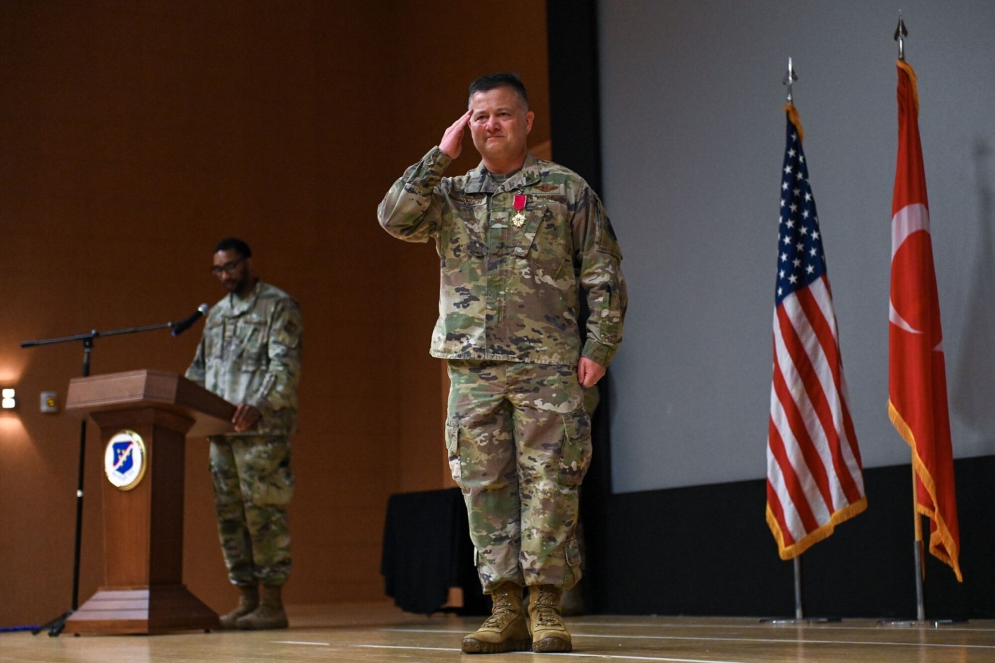 U.S. Air Force Col. Jason Gingrich, outgoing 39th Air Base Wing commander, renders his final salute during a change of command ceremony at Incirlik Air Base, Turkey, June 30, 2022. During the ceremony, Gingrich relinquished command of the 39th ABW to Maj. Gen. Derek France, Third Air Force commander, who then charged Col. Calvin Powell with leading the wing. The 39th ABW is charged with defending NATO’s southern flank under the auspices of 3rd AF, U.S. Air Forces in Europe – Air Forces Africa and U.S. European Command. The wing projects global power through strategic deterrence, agile combat support and enduring partnerships to defend U.S. interests and allies. (U.S. Air Force photo by Senior Airman Joshua T. Crossman)