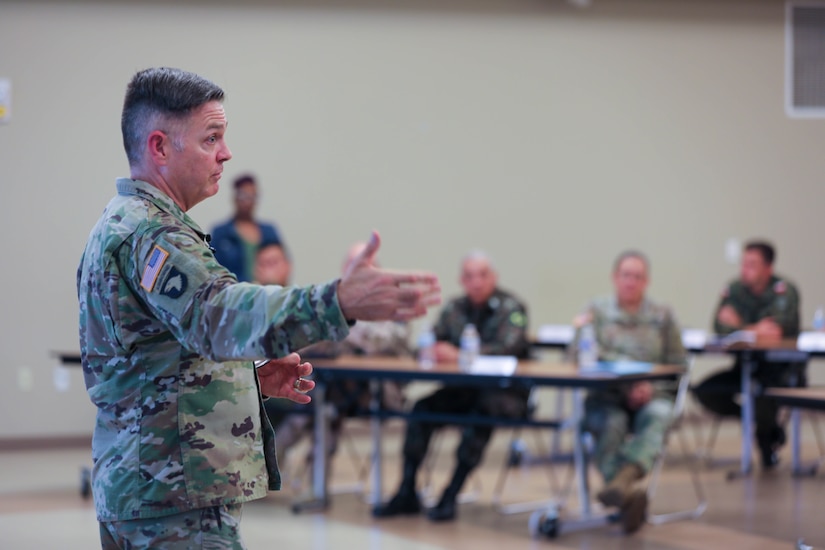 Col. M. Straus Scantlin, assistant Chief of Staff G3/5/7, U.S. Army Civil Affairs and Psychological Operations Command (Airborne) facilitates the U.S. Army Civil Affairs and Psychological Operations Command (Airborne) capabilities briefing held June 14, 2022, at Fort Bragg, North Carolina.