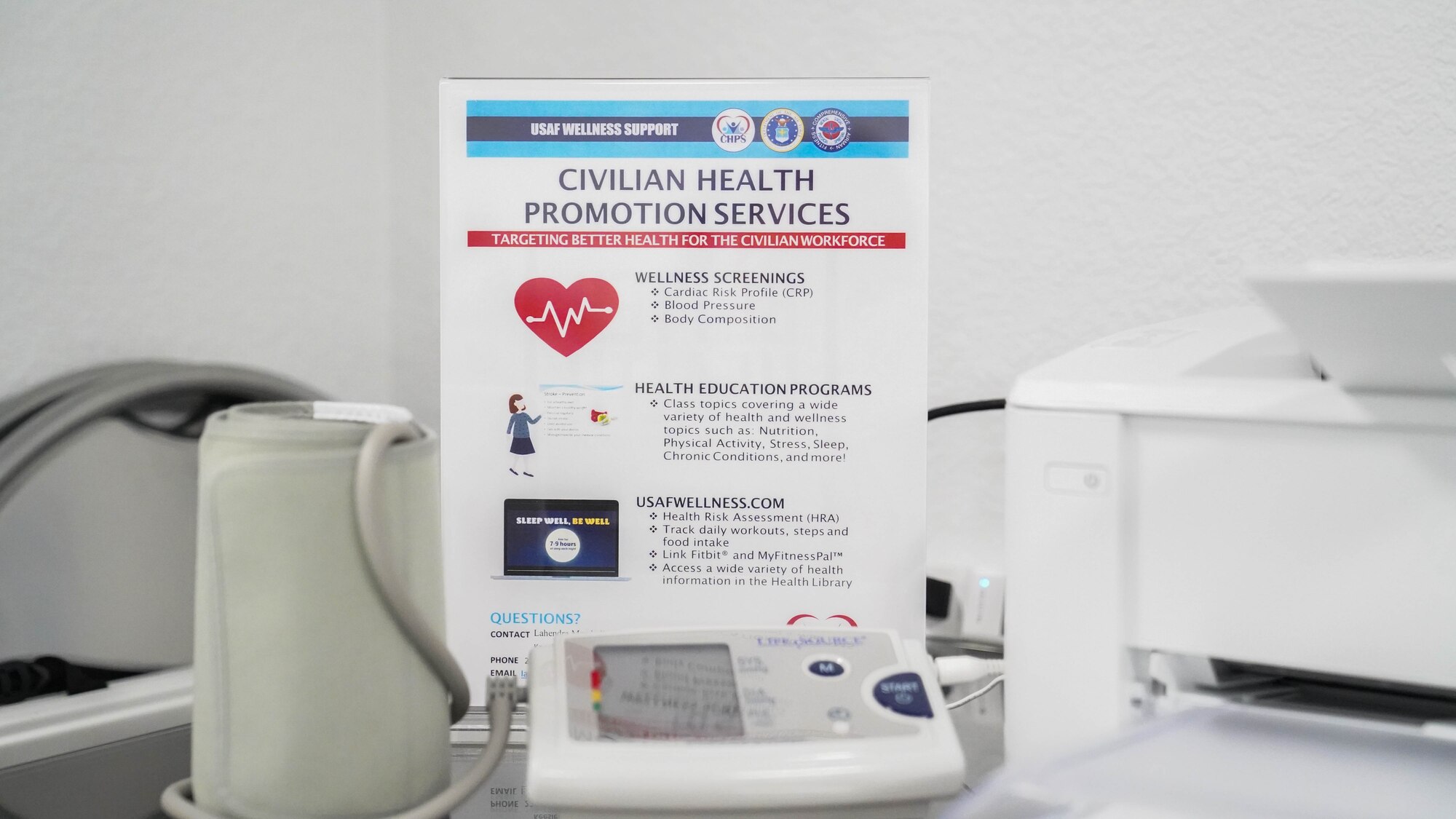 A Civilian Health Promotion Services flyer is displayed in the CHPS office in the Sablich Center at Keesler Air Force Base, Mississippi, June 28, 2022. The CHPS program offers virtual and in-person health services to Keesler's civilian workforce.
