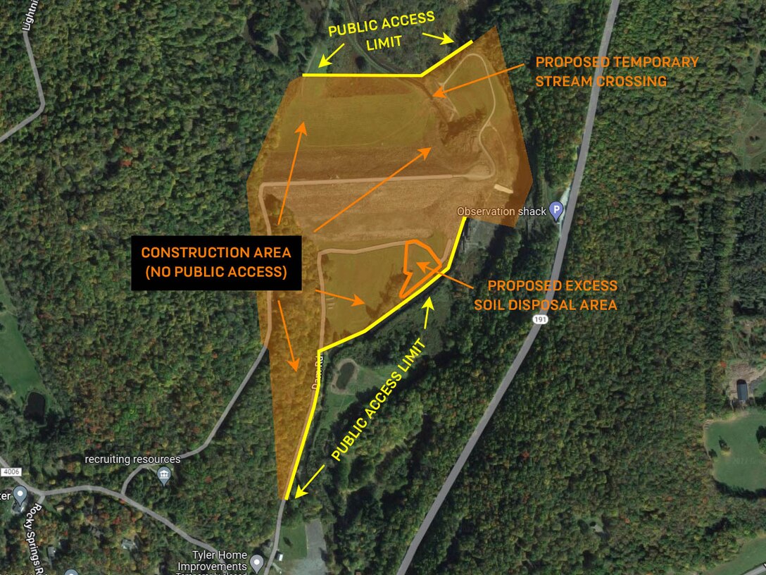 The U.S. Army Corps of Engineers’ Philadelphia District and its contractor, Mohawk Valley Materials of Marcy, NY, will begin construction on improvements at the General Edgar Jadwin Dam in Wayne County, Pennsylvania in July 2022. This map shows the limits of construction and public access at the project.
