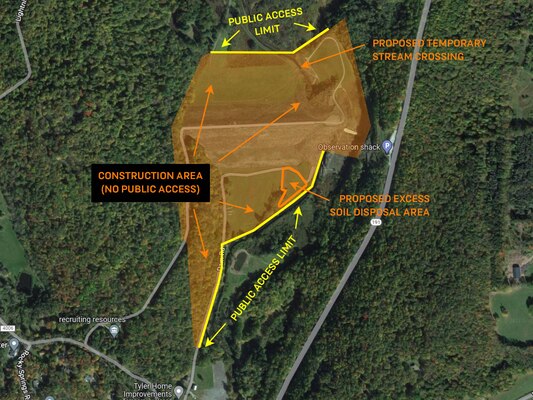 The U.S. Army Corps of Engineers’ Philadelphia District and its contractor, Mohawk Valley Materials of Marcy, NY, will begin construction on improvements at the General Edgar Jadwin Dam in Wayne County, Pennsylvania in July 2022. This map shows the limits of construction and public access at the project.