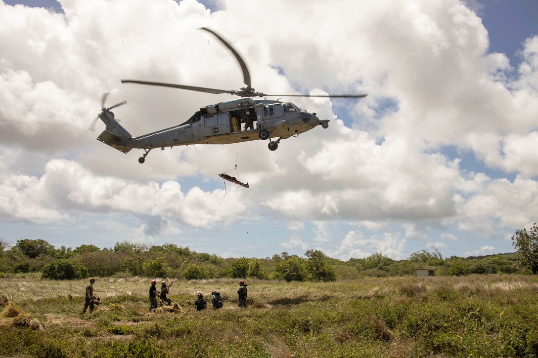 Sailors hoist simulated casualty onto a helicopter in a field as fellow sailors watch.