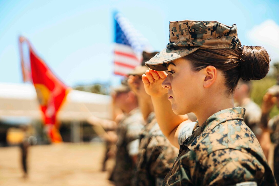A Marine salutes while others in the backdrop hold flags.