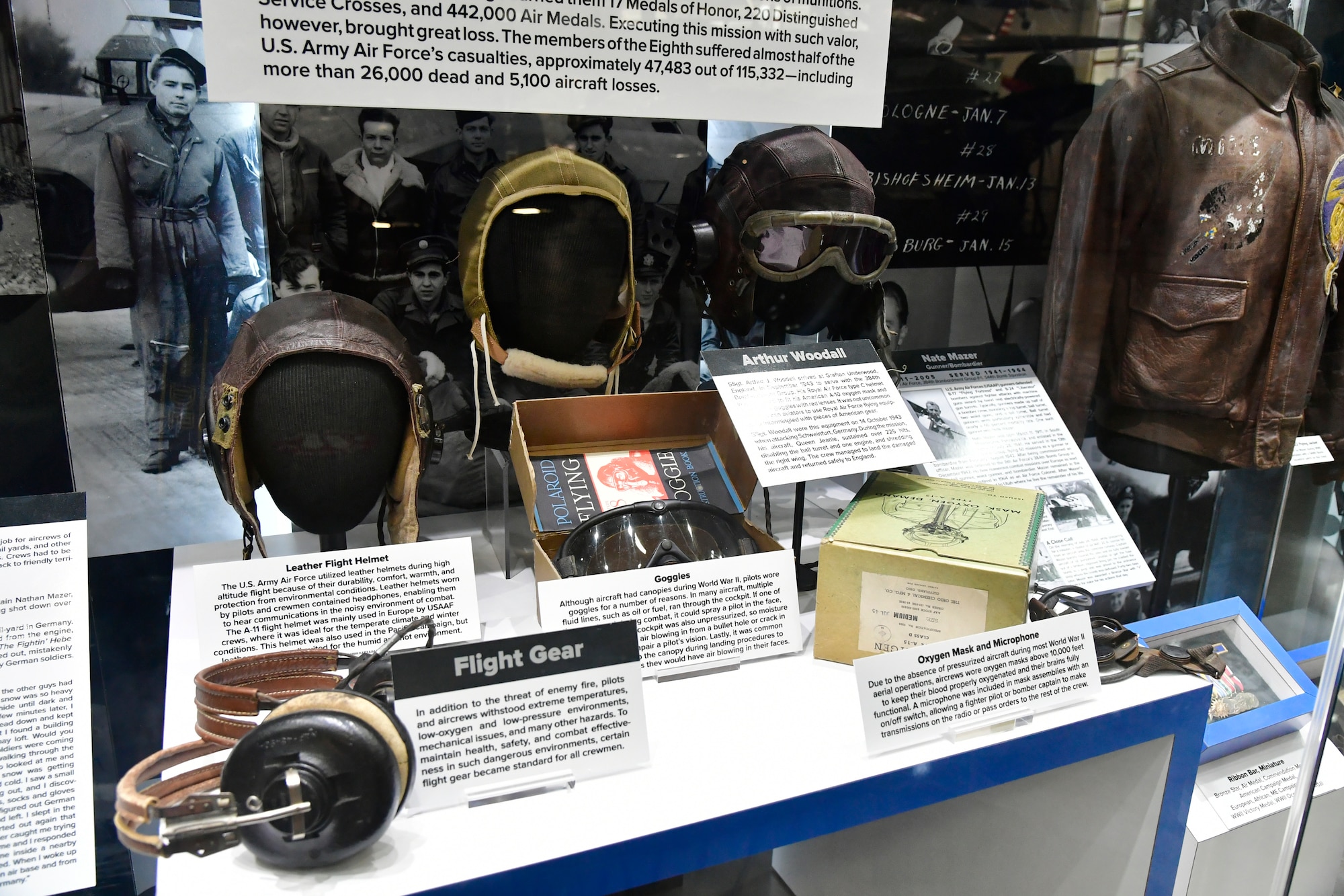Flight crew gear and equipment displayed in a new 8th Air Force exhibit, part of the Hill Aerospace Museums extensive and informative display collection at Hill Air Force Base, Utah. These artifacts help to tell the story of individual Airman who served in Europe with the 8th Air Force, during WWII.