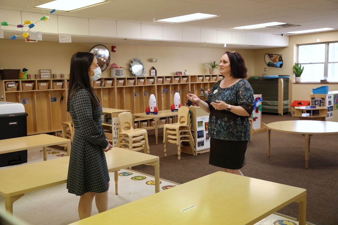 Under Secretary of the Air Force Gina Ortiz Jones speaks with an employee of the Tinker Child Development Center during a visit to Tinker Air Force Base, Okla., June 24, 2022. During the visit, Jones spoke with representatives from the Sexual Assault Prevention and Response Coordinator, Domestic Abuse Victim Advocacy, Office of Special Investigations, Diversity, Equity, Inclusion, and Accessibility Office, Mental Health, Community Support Coordinator, first sergeants, commanders and others who work in victim advocacy.  (U.S. Air Force photo by Gina Anderson)