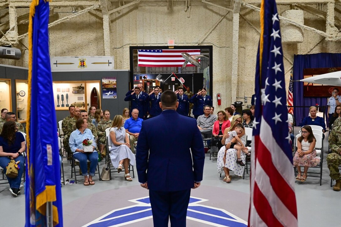 Maj. Nicholas DeFranco, the incoming 28th Comptroller Squadron commander, is rendered his first salute from the 28th Comptroller Squadron during the Change of Command Ceremony at Ellsworth Air Force Base, S.D., June 30, 2022.