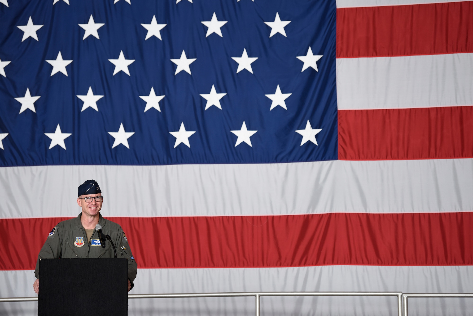 Col. John Galloway Jr., 495th Fighter Group commander, addresses the audience after assuming command during a change of command ceremony at Shaw Air Force Base, South Carolina, June 29, 2022. Col. Mark Massaro relinquished command to Galloway. Brig. Gen. David Mineau, 15th Air Force vice commander, presided over the ceremony. (U.S. Air Force photo by Master Sgt. Andrew Satran)