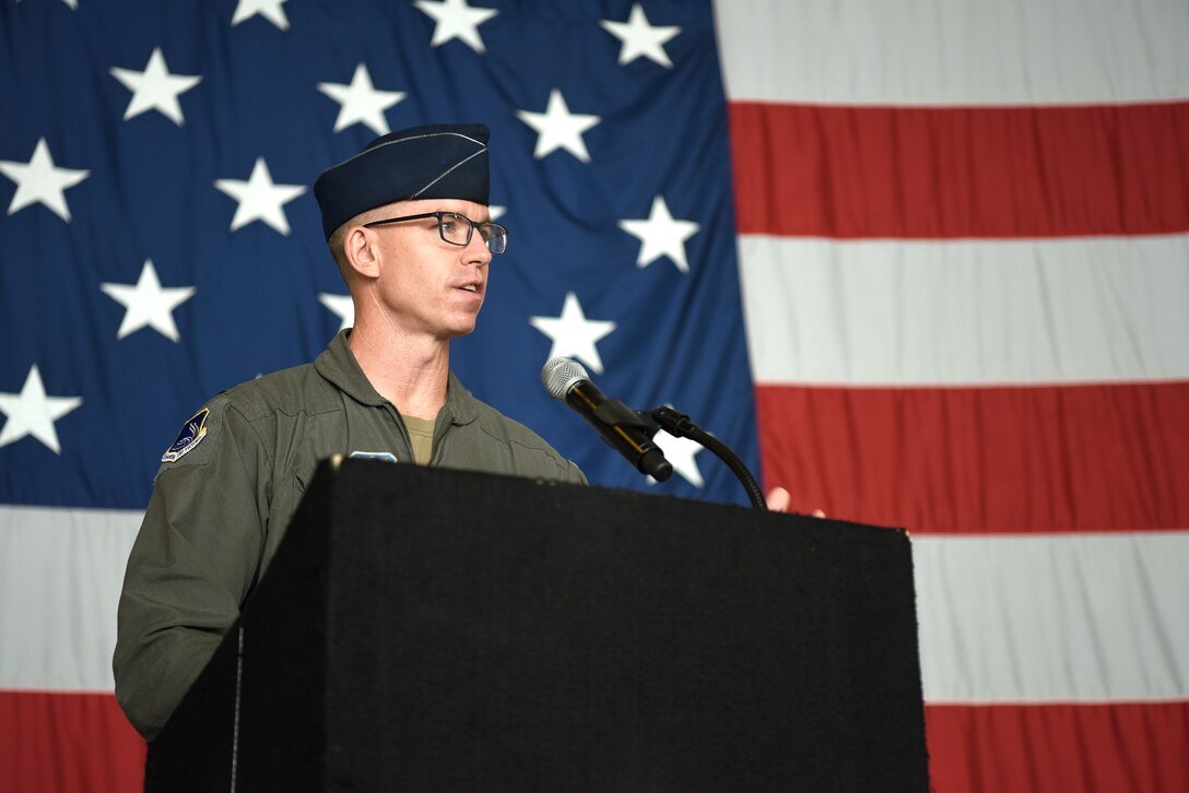 Col. John Galloway Jr., 495th Fighter Group commander, addresses the audience after assuming command during a change of command ceremony at Shaw Air Force Base, South Carolina, June 29, 2022. Col. Mark Massaro relinquished command to Galloway. Brig. Gen. David Mineau, 15th Air Force vice commander, presided over the ceremony. (U.S. Air Force photo by Master Sgt. Andrew Satran)