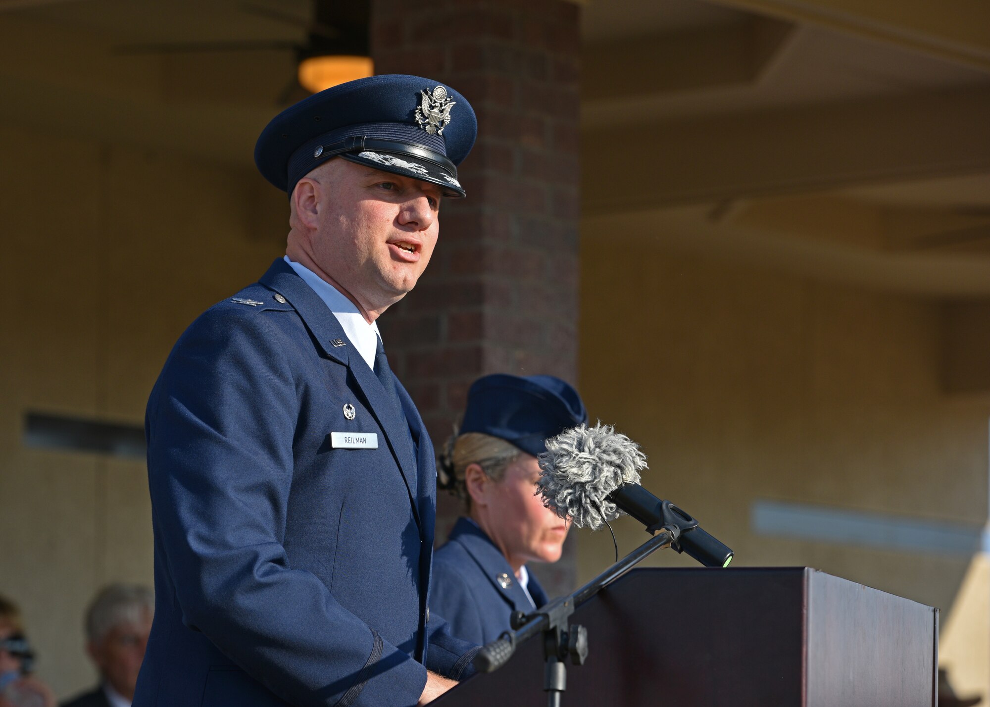 U.S. Air Force Col. Matthew Reilman, 17th Training Wing commander, speaks during the 17th Training Group change of command at Goodfellow Air Force Base, Texas, June 30, 2022. Reilman thanked outgoing 17th TRG commander, Col. Angelina Maguinness, for her hard work and dedication over the past two years. (U.S. Air Force photo by Senior Airman Ashley Thrash)