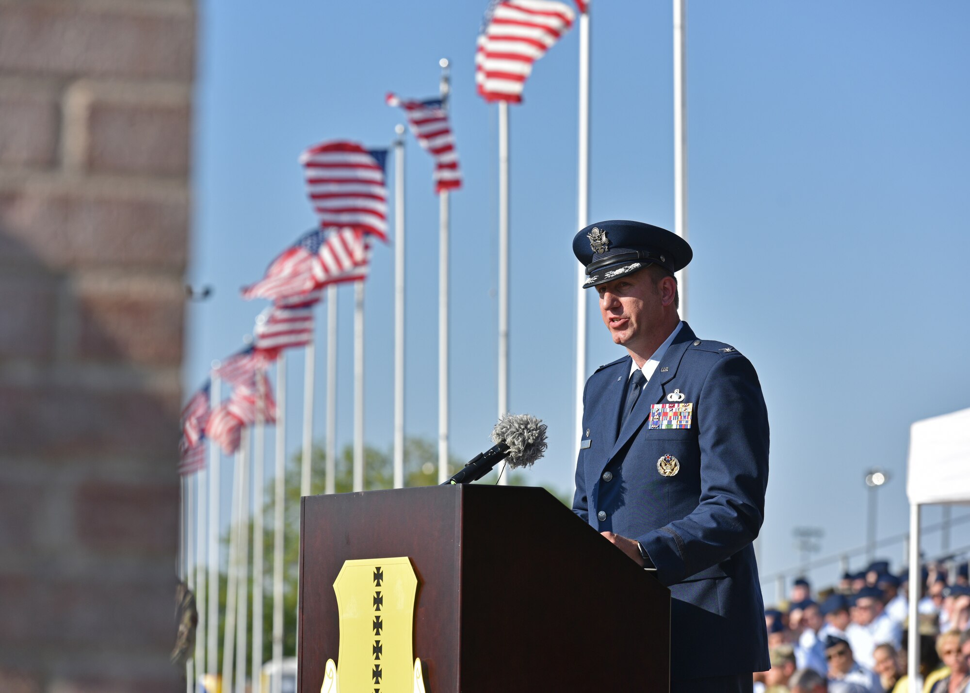 U.S. Air Force Col. Jason Kulchar, 17th Training Group incoming commander, speaks during the 17th TRG change of command at Goodfellow Air Force Base, Texas, June 30, 2022. Kulchar expressed his enthusiasm in taking over the command of the 17th TRG. (U.S. Air Force photo by Senior Airman Ashley Thrash)