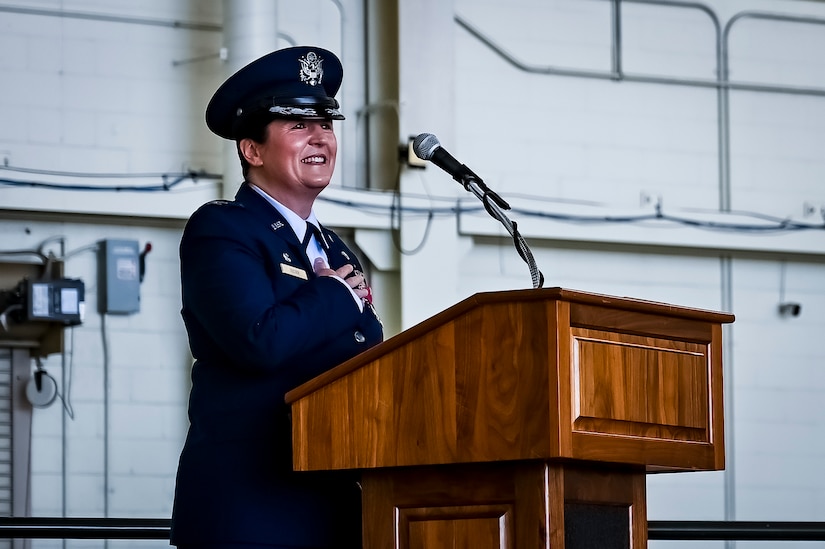 U.S. Air Force Col. Mary Teeter, 305th Maintenance Group commander, gives final address to 305th Airmen after relinquishing command at Joint Base McGuire-Dix-Lakehurst, N.J., June 30, 2022. Teeter relinquished command to U.S. Air Force Col. Scott Pendley after having led CAN DO Airmen during the COVID-19 pandemic and Operations Allies Welcome/Refuge.