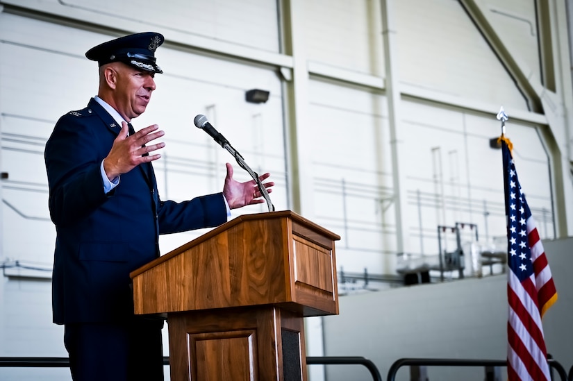 U.S. Air Force Col. Scott Pendley, 305th Maintenance Group commander, gives first address to 305th Airmen after taking command. at Joint Base McGuire-Dix-Lakehurst, N.J., June 30, 2022. U.S. Air Force Col. Mary Teeter relinquished command to U.S. Air Force Col. Scott Pendley after having led CAN DO Airmen during the COVID-19 pandemic and Operations Allies Welcome/Refuge.