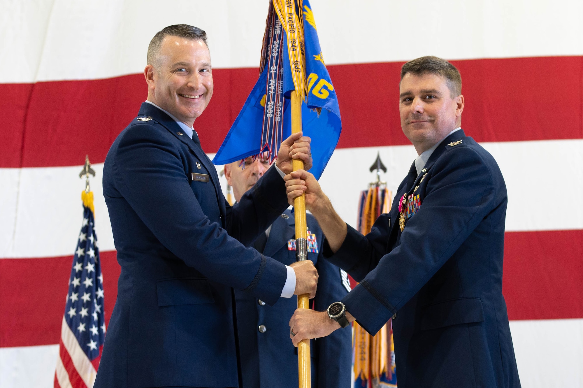 The passing of a guideon to assume command.