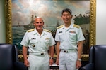 Chief of Naval Operations Adm. Mike Gilday meets with Chief of Staff of the Japan Maritime Self-Defense Force (JMSDF) Adm. Ryo Sakai during an office call at the Pentagon, June 28. The two leaders discussed maritime security and ongoing efforts to ensure a free and open Indo-Pacific.