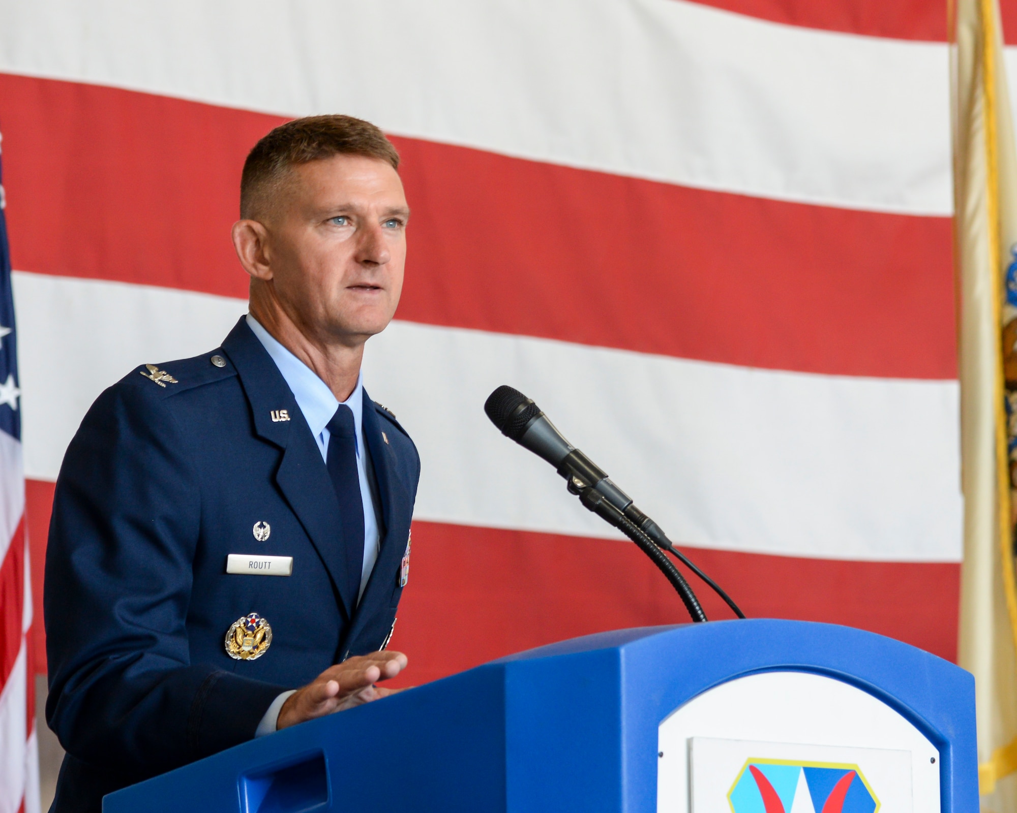 Col. Derek B. Routt addresses the 177th Maintenance Group during its Change of Command ceremony