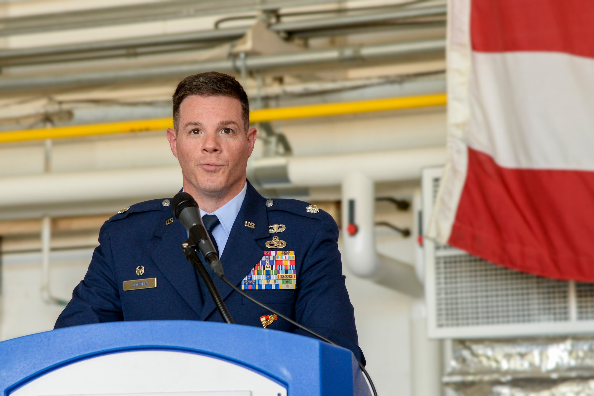Lt. Col. Brian Cooper addresses the 177th MXG during its Change of Command ceremony