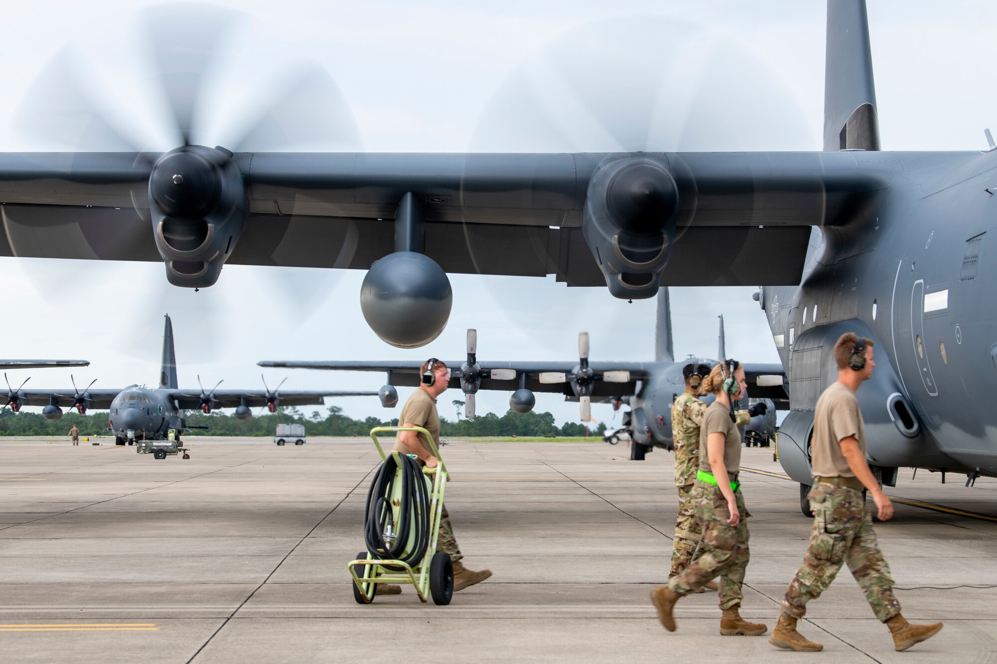 A U.S. Air Force MC-130J Commando II prepares for flight June 30, 2022 at Hurlburt Field, Fla. The Commando II flies clandestine, or low visibility, single or multiship, low-level infiltration, exfiltration and resupply of special operations forces, by airdrop or airland and air refueling missions for special operations helicopters and tiltrotor aircraft, intruding politically sensitive or hostile territories.