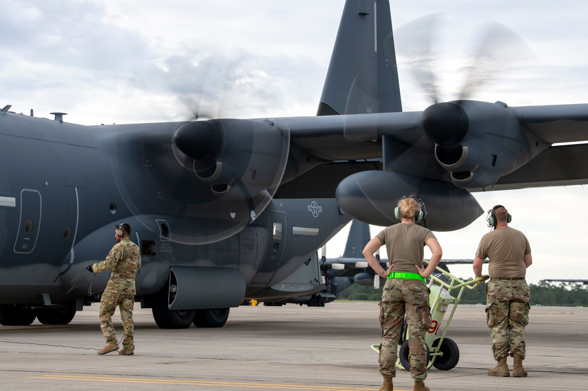 A U.S. Air Force MC-130J Commando II prepares for flight June 30, 2022 at Hurlburt Field, Fla. The Commando II flies clandestine, or low visibility, single or multiship, low-level infiltration, exfiltration and resupply of special operations forces, by airdrop or airland and air refueling missions for special operations helicopters and tiltrotor aircraft, intruding politically sensitive or hostile territories.