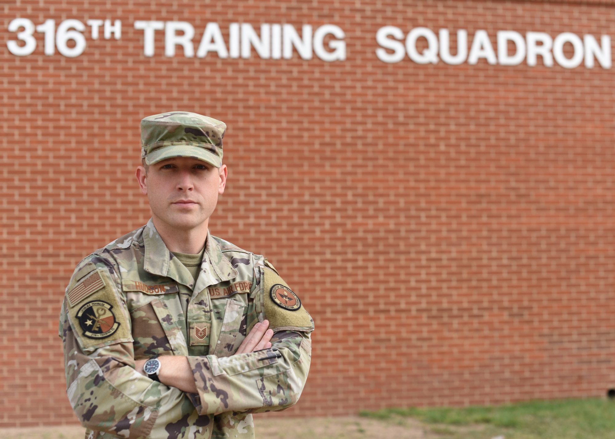 U.S. Air Force Tech. Sgt. Dylan Hudson, 316th Training Squadron apprentice signals collection course noncommissioned officer in charge, poses for a photo at Goodfellow Air Force Base, Texas, June 27, 2022. Hudson was selected as the 17th Training Wing Member of the Month for the work he did to advance how intelligence, surveillance and reconnaissance students learn. (U.S. Air Force photo Airman 1st Class Zachary Heimbuch)