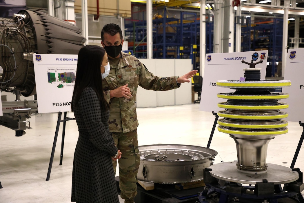 Under Secretary of the Air Force Gina Ortiz Jones, receives a mission brief about the Oklahoma City Air Logistics Complex during a visit to Tinker Air Force Base, Okla., June 24, 2022. The complex is the largest maintenance depot within the Air Force Materiel Command supporting various aircraft and engine workloads. (U.S. Air Force photo by Gina Anderson)