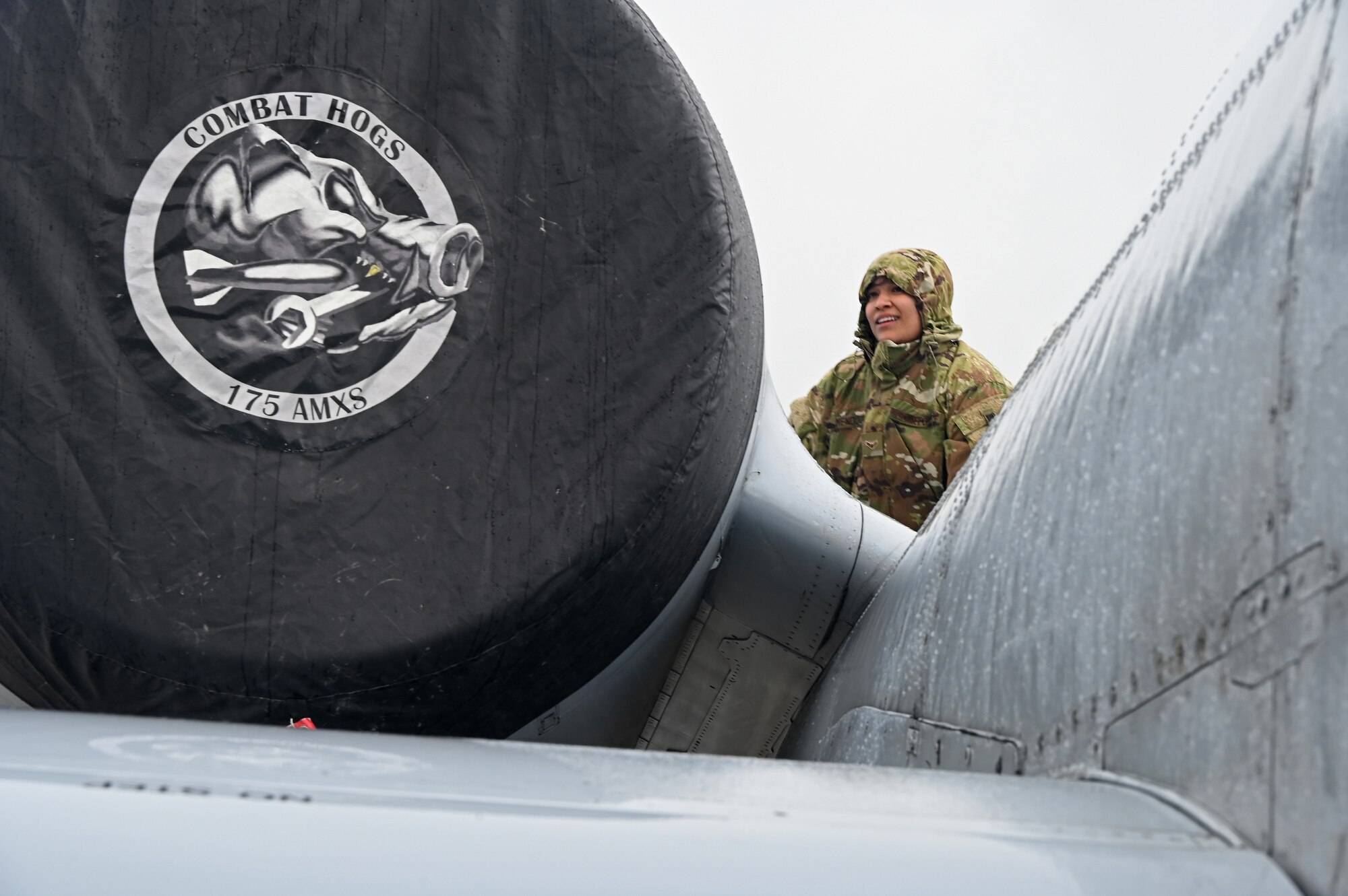 U.S. Air Force Airman 1st Class Lesly Mendoza, a weapons loader assigned to the 175th Aircraft Maintenance Squadron, Maryland Air National Guard, inspects an A-10C Thunderbolt II aircraft after arrival at Lielvārde Air Base, located in the Vidzeme region of Latvia, May 14, 2022, for support and training while participating in DEFENDER-Europe 22.
