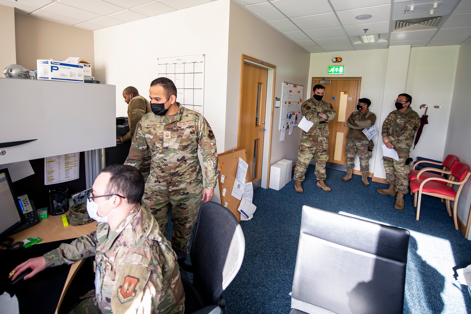 Airmen from the 423rd Security Forces Squadron complete pre-deployment out- processing at RAF Alconbury, England, Feb. 24, 2022. The SFS members are preparing to deploy in support of a joint response to conduct operations focused on bolstering the posture of NATO’s eastern flank. (U.S. Air Force photo by Senior Airman Eugene Oliver)