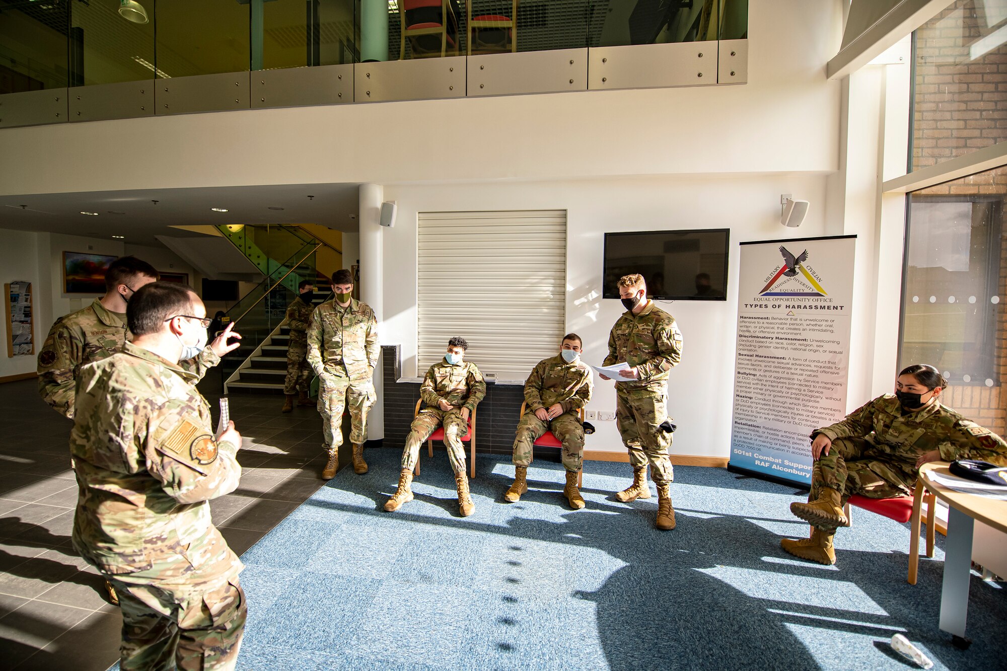Airmen from the 423rd Security Forces Squadron receive a briefing during their pre-deployment out-processing at RAF Alconbury, England, Feb. 24, 2022. The SFS members are preparing to deploy in support of a joint response to conduct operations focused on bolstering the posture of NATO’s eastern flank. (U.S. Air Force photo by Senior Airman Eugene Oliver)