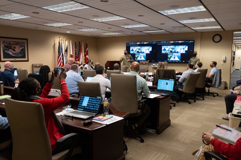 The U.S. Army Corps of Engineers' senior enlisted adviser Command Sgt. Maj. Patrickson Toussaint talks with leaders and aspiring leaders from both the South Atlantic District Leadership Development Program III and Jacksonville District’s Leadership Development Program II classes during a visit to the Jacksonville District Feb. 16-16, 2022.  (USACE photo by Bri Sanchez)