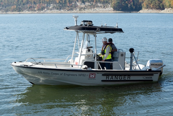 Jonathan Friedman, U.S. Army Corps of Engineers Nashville District’s resource manager at Lake Cumberland and Laurel River Lake in Kentucky, is the Great Lakes and Ohio River Division Water Safety Employee of the Year for his work promoting water safety. He is seen here operating a patrol boat on Lake Cumberland. (USACE Photo by Lee Roberts)