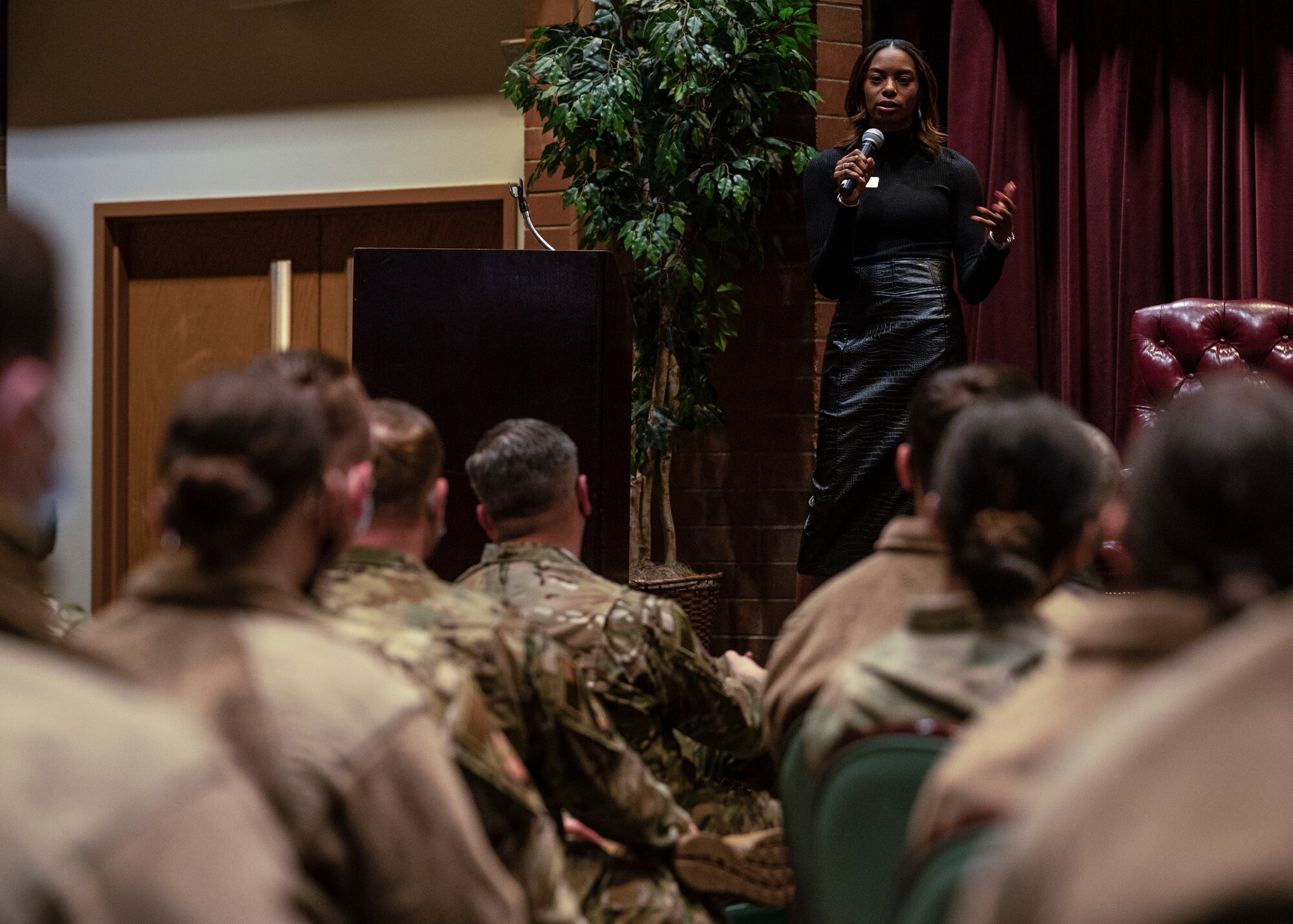 Washington State Sen. T’wina Nobles addresses Team McChord Airmen during a fireside chat in celebration of Black History Month at Joint Base Lewis-McChord, Washington, Feb. 24, 2022. Nobles serves as the honorary commander of the 62nd Operational Support Squadron and as the first Black state senator to be elected into office in Washington in more than a decade. (U.S. Air Force photo by Senior Airman Zoe Thacker)