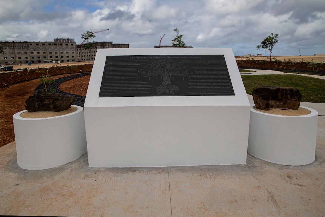 A memorial at the Sabånan Fadang burial site displays a plaque and ancient CHamoru lusongs, mortars used for pounding or husking rice, on Marine Corps Base Camp Blaz, Guam Jan. 29, 2022. Four grave pits were initially found in 2020, with an additional three grave pits found during the construction of the monument between Oct. 29, 2021 and Nov. 2, 2021. the monument was proposed by the Guam State Historic Preservation office and supports MCB Camp Blaz's commitment to preserving and sharing the rich cultural heritage of Guam.