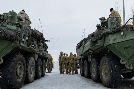 Joint forces attend U.S. Stryker armored vehicle familiarization training during Joint Exercise Arctic Eagle-Patriot at Anchorage, Alaska, Feb. 24, 2022. The exercise increases the National Guard’s capacity to operate in austere, extreme cold-weather environments across Alaska and the Arctic region.