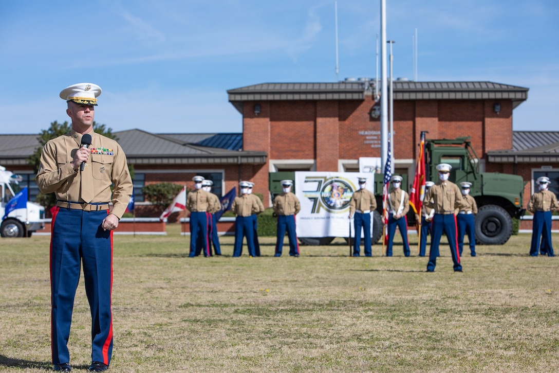 Marine Corps Logistics Base Albany celebrated its 70th anniversary with a ceremony on the base, March 1. It  marked a milestone signifying seven decades of partnership and dedication to serving the warfighter and the communities in southwest Georgia in which they live. The installation was established as the Marine Corps Depot of Supplies on March 1, 1952. (U.S. Marine Corps photo by Jonathan Wright)