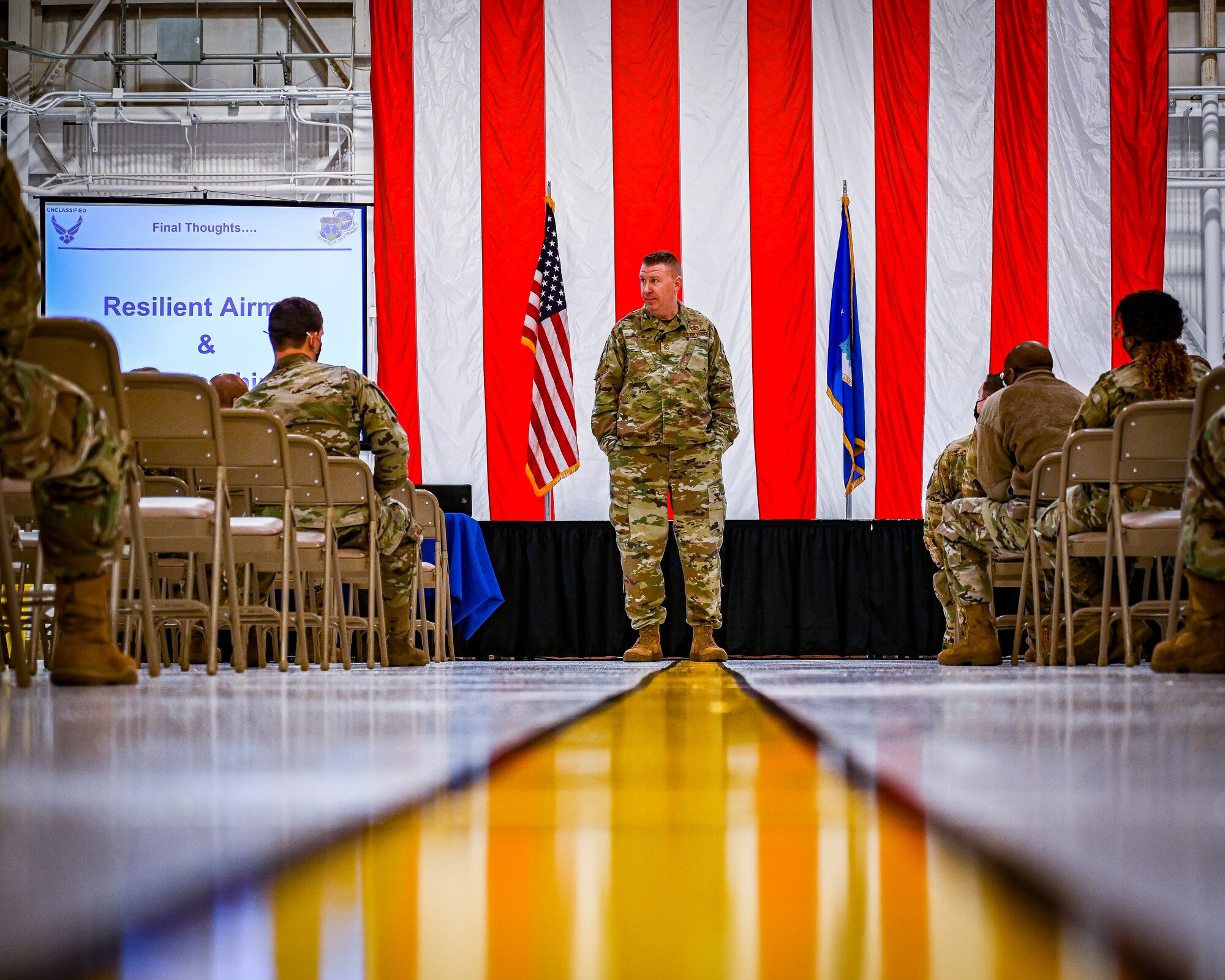 U.S. Air Force Chief Master Sgt. Chad W. Bickley, 18th Air Force, command chief, speaks to Airmen while visiting the 305th Air Mobility Wing on Feb. 24, 2022 at Joint Base McGuire-Dix-Lakehurst, N.J. Bickley visited the 305 Air Mobility Wing to learn how the unit contributes to the 18th Air Force airlift and aerial refueling missions, and spoke with Airmen to learn about their successes and challenges. As Air Mobility Command’s sole numbered Air Force, 18th AF is tasked with presenting trained, equipped, and ready forces for worldwide operational requirements.