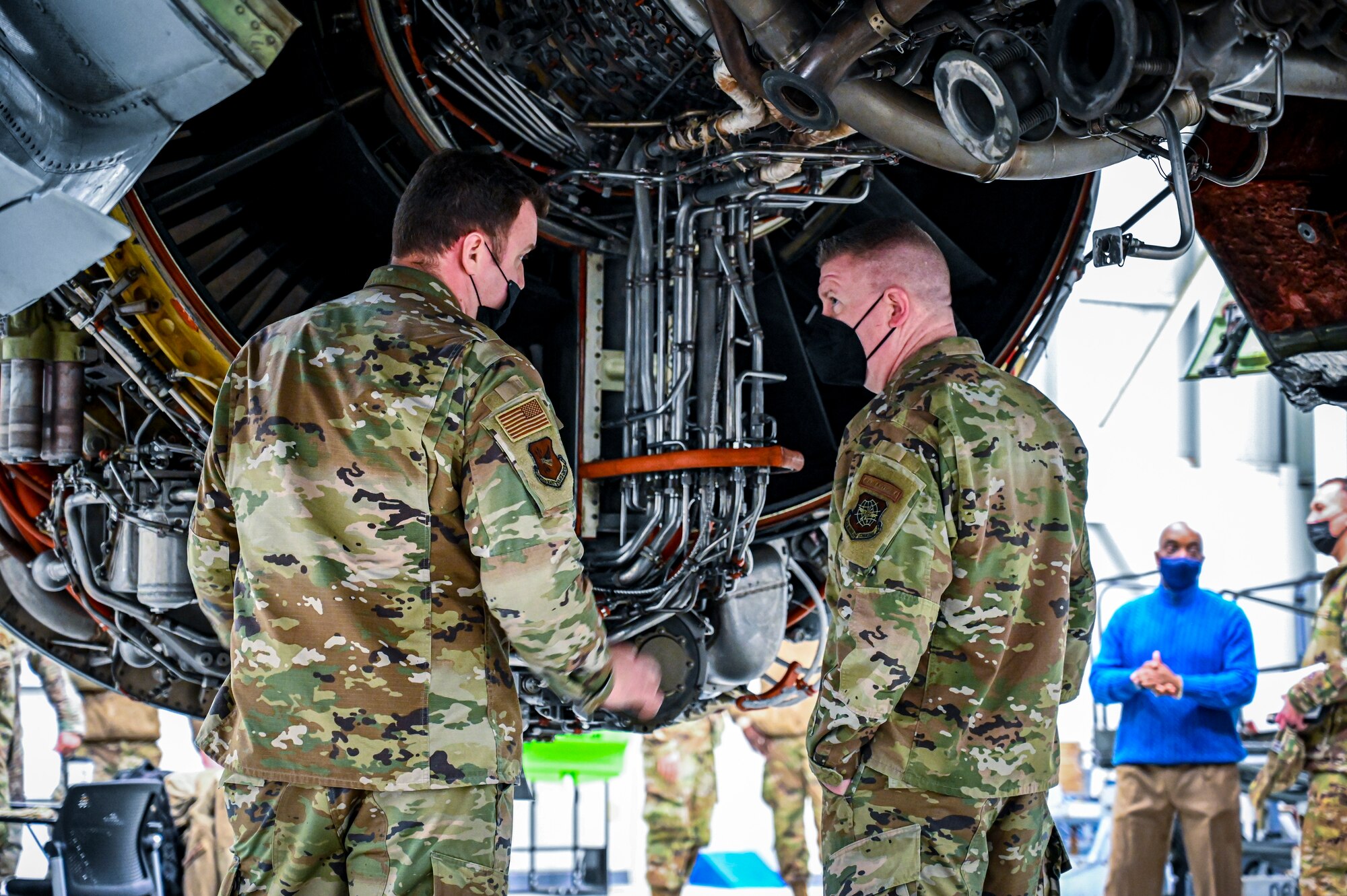 U.S. Air Force Chief Master Sgt. Chad W. Bickley, 18th Air Force command chief, inspects a KC-10 engine used for maintenance training on Feb. 24, 2022, at Joint Base McGuire-Dix-Lakehurst, N.J. Bickley visited the 305 Air Mobility Wing to learn how the unit contributes to the 18th Air Force airlift and aerial refueling missions, and spoke with Airmen to learn about their successes and challenges. As Air Mobility Command’s sole numbered Air Force, 18th AF is tasked with presenting trained, equipped, and ready forces for worldwide operational requirements.