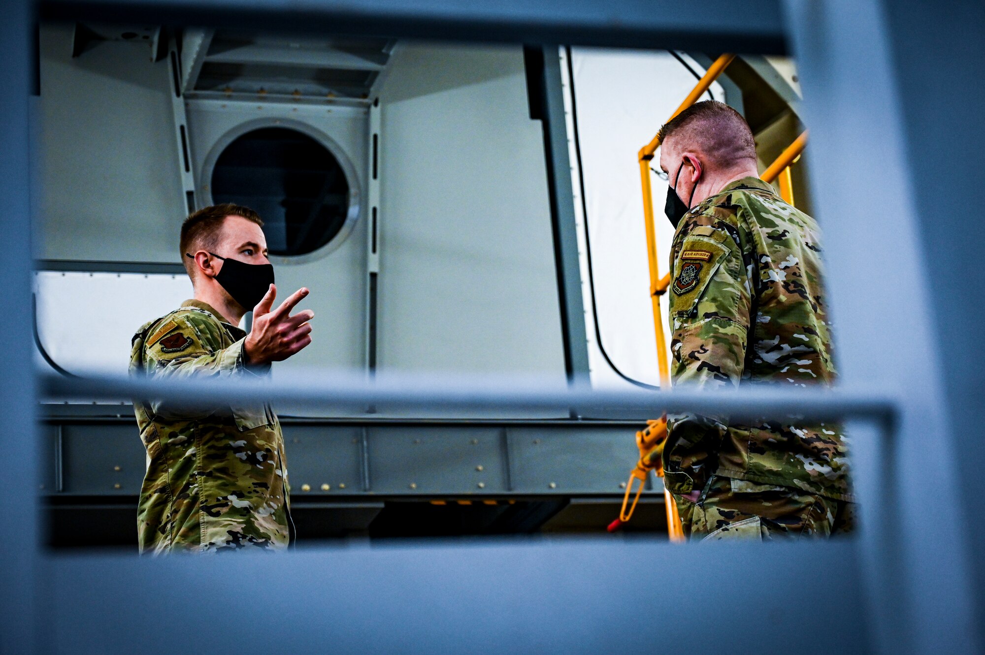 U.S. Air Force Chief Master Sgt. Chad W. Bickley, 18th Air Force command chief, inspects a training fuselage on Feb. 24, 2022, at Joint Base McGuire-Dix-Lakehurst, N.J. Bickley visited the 305 Air Mobility Wing to learn how the unit contributes to the 18th Air Force airlift and aerial refueling missions, and spoke with Airmen to learn about their successes and challenges. As Air Mobility Command’s sole numbered Air Force, 18th AF is tasked with presenting trained, equipped, and ready forces for worldwide operational requirements.