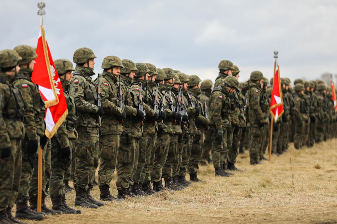 Troops stand in formation.