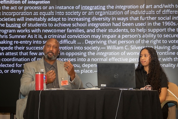 GALVESTON, Texas -- Ralph Chapman (left), guest speaker and moderator, and Alexis Bragg, a member of the U.S. Army Corps of Engineers (USACE) Galveston District, lead a panel discussion as part of the district's Black History Month observance. All month long, the district is hosting weekly, in-depth panel discussions centered around topics that affect us all.