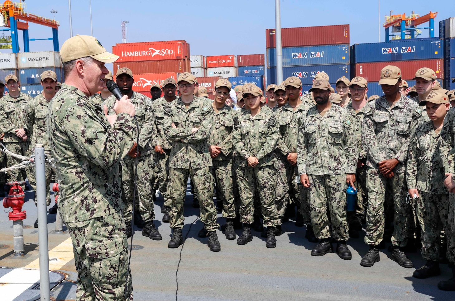 Adm. Samuel Paparo speaks to the crew of USS Fitzgerald (DDG 62).