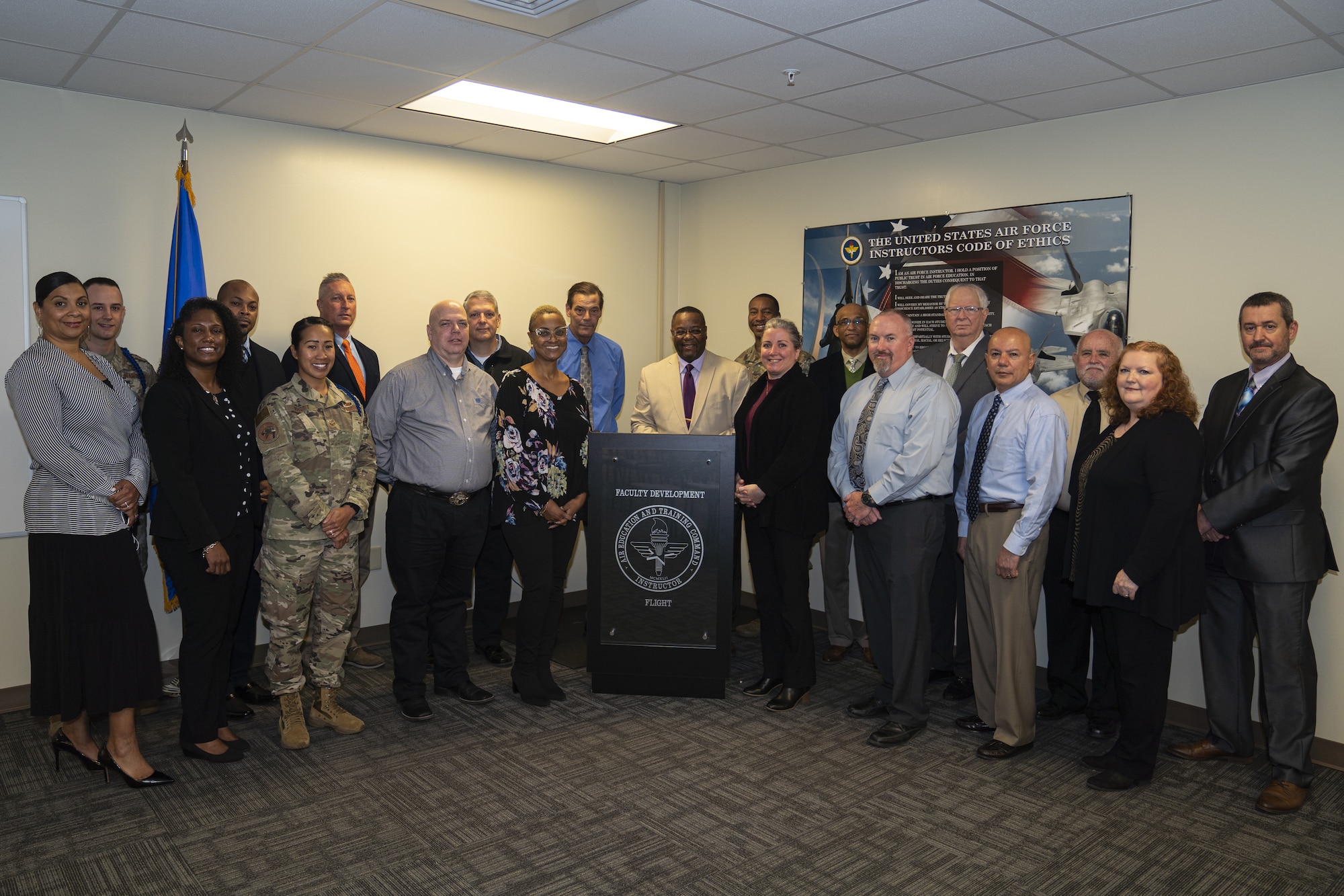 The 81st Training Support Squadron faculty development team poses for a photo inside Allee Hall on Keesler Air Force Base, Mississippi, Jan. 25, 2022. Faculty development creates and instructs Community College of the Air Force accredited courses. (U.S. Air Force photo by Senior Airman Kimberly L. Mueller)