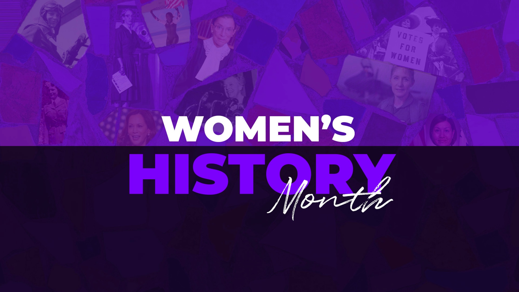 The words "Women's History Month" over a shattered, purple stained-glassed image with the images of historically-prominent women in the glass pieces.