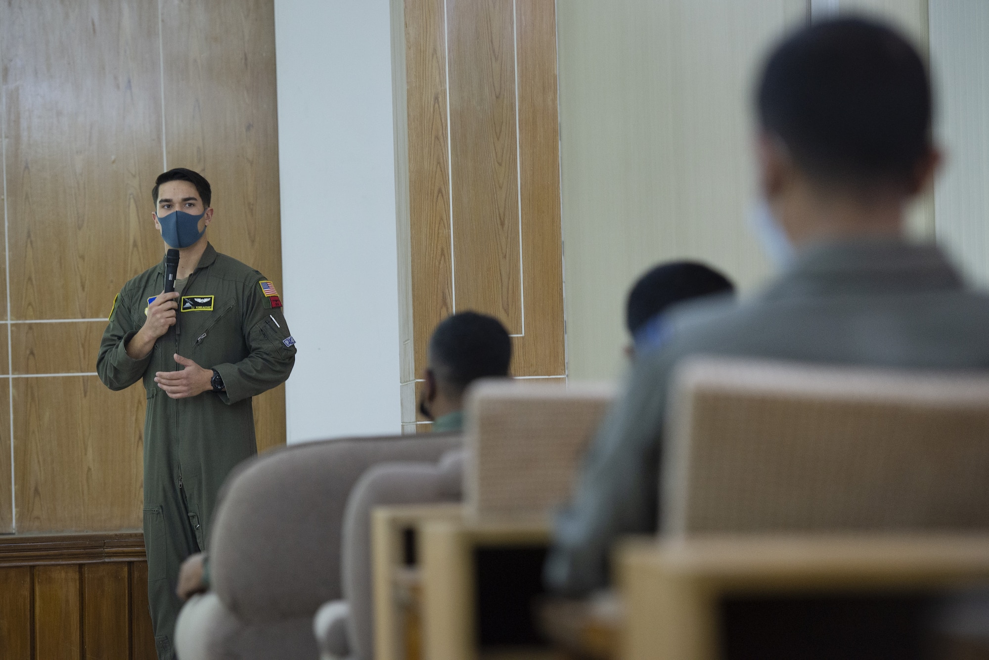 U.S. Air Force 1st Lt. TJ Yonkauske, 36th Expeditionary Airlift Squadron C-130J Super Hercules pilot, briefs Bangladesh air force (BAF) aircrew on crew resource management during a subject matter exchange event as part of Exercise Cope South 2022, Feb. 19, 2022, at BAF Base Bangabandhu, Bangladesh. Discussions during the SME event also included best practices on low level flight, aircrew flight equipment nomenclature and C-130J Super Hercules aircraft capabilities. Exercise Cope South is a Pacific Air Forces-sponsored bilateral tactical airlift exercise designed to enhance the interoperability between the U.S. Air Force and BAF.