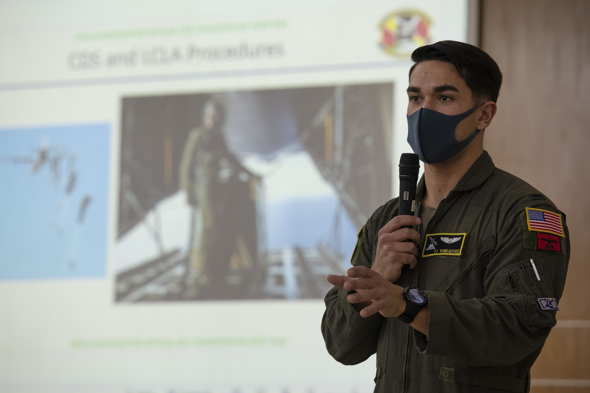 U.S. Air Force 1st Lt. TJ Yonkauske, 36th Expeditionary Airlift Squadron C-130J Super Hercules pilot, briefs Bangladesh air force (BAF) aircrew on crew resource management during a subject matter exchange event as part of Exercise Cope South 2022, Feb. 19, 2022, at BAF Base Bangabandhu, Bangladesh. Discussions during the SME event also included best practices on low level flight, aircrew flight equipment nomenclature and C-130J Super Hercules aircraft capabilities. Exercise Cope South is a Pacific Air Forces-sponsored bilateral tactical airlift exercise designed to enhance the interoperability between the U.S. Air Force and BAF. (U.S. Air Force photo by Tech. Sgt. Christopher Hubenthal)