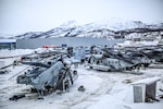 An MV-22 Osprey from VMM-261 "The Raging Bulls" takes off from Harstad Port in Harstad, Norway.