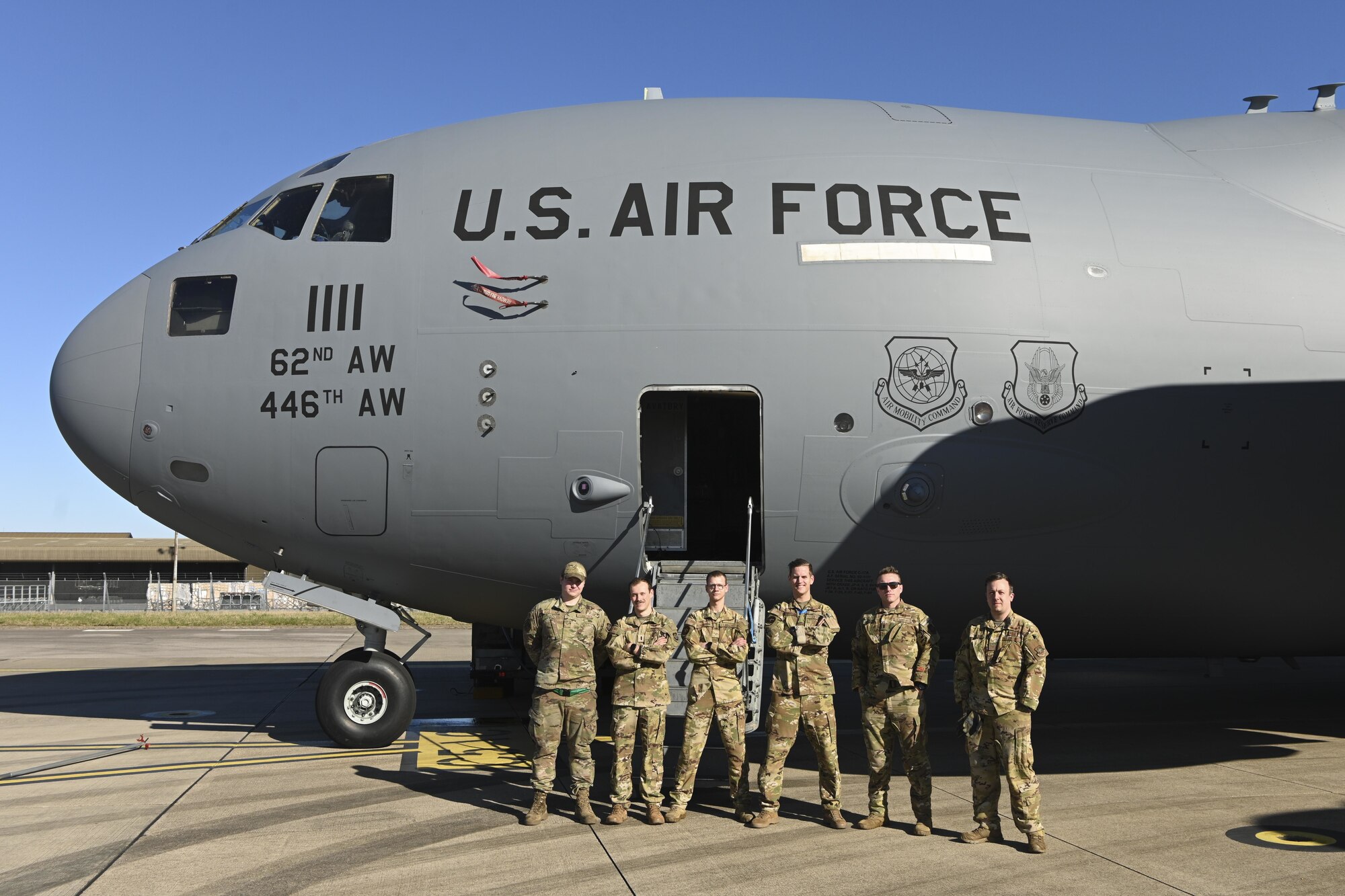 U.S. Airmen assigned to the 62nd Airlift Wing, Joint Base Lewis-McChord, Wash., landed at Royal Air Force Mildenhall, England, in their C-17 Globemaster III aircraft after transporting cargo to an air base in Norway, Feb. 27, 2022. RAF Mildenhall serves as a rest stop and gateway for transient aircrews conducting missions around the globe. (U.S. Air Force photo by Senior Airman Joseph Barron)