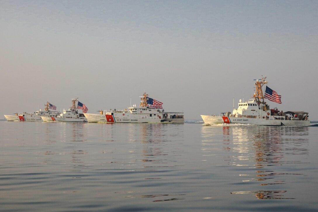 GULF OF OMAN
02.26.2022
Photo by Cpl. DeAndre Dawkins 
U.S. Naval Forces Central Command / U.S. 5th Fleet        
 Subscribe51

GULF OF OMAN (February 26, 2022) From the left, U.S. Coast Guard Fast response cutters Glen Harris (WPC 1144), Wrangel (WPB 1332), Emlen Tunnel (WPC 1145), and Maui (WPB 1304), transit in formation in the Gulf of Oman, Feb. 26. The four ships are deployed to the U.S. 5th Fleet area of operations to help ensure maritime security and stability in the Middle East region. (U.S. Army photo by Cpl. Deandre Dawkins)