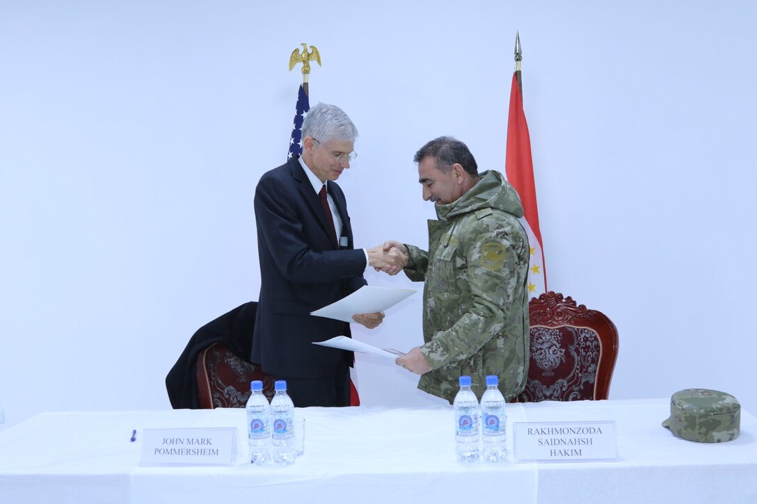 United States Ambassador John Mark Pommersheim and Deputy Minister of Internal Affairs, Major General of militia Rahmonzoda Saidnakhsh Hakim attended the handover ceremony of a $745,543 construction project for the OMON. (U.S. Embassy Dushanbe courtesy photo)