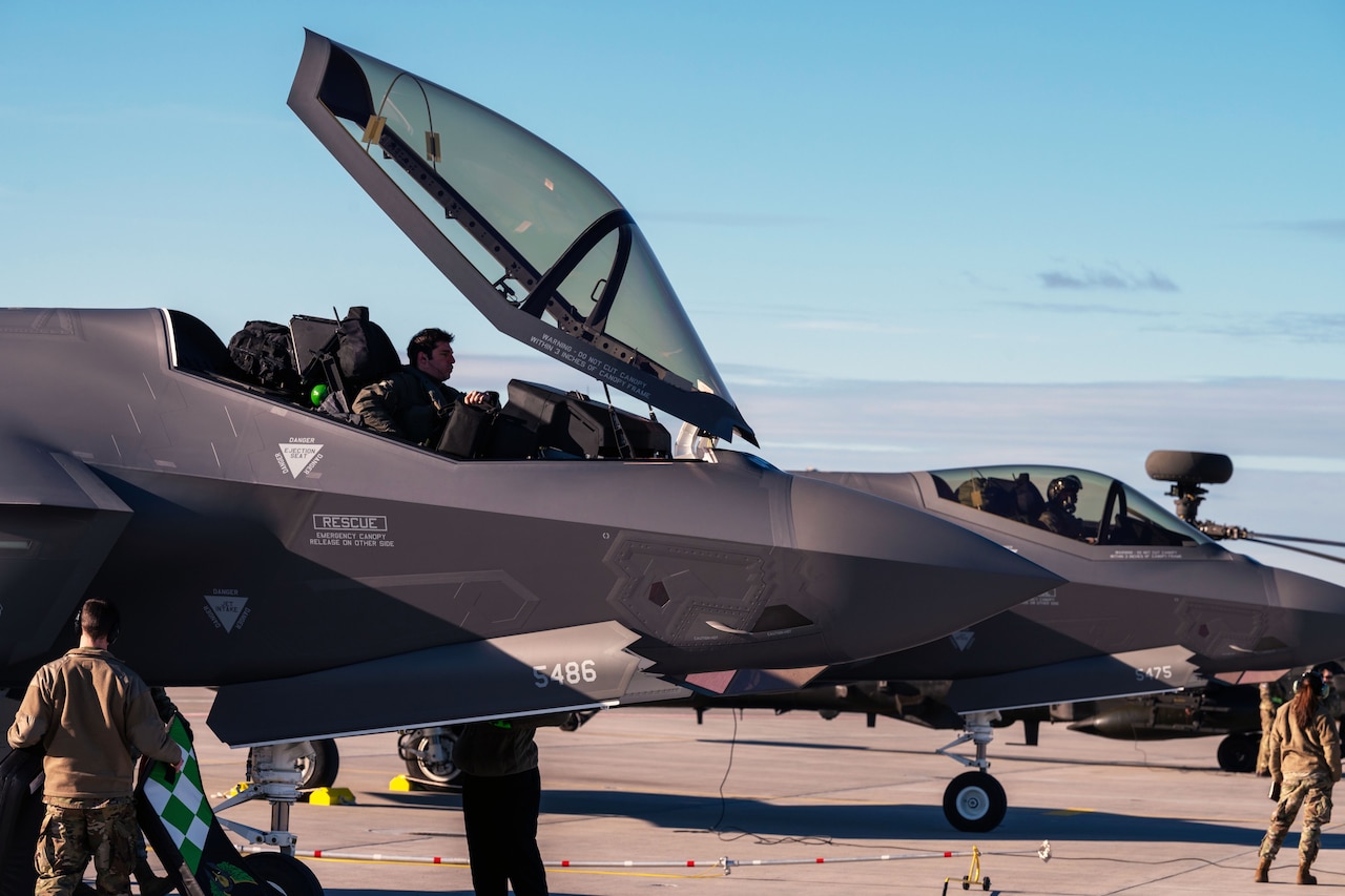 Two Air Force F-35 Lightning II aircraft arrive at Siauliai Air Base, Lithuania.