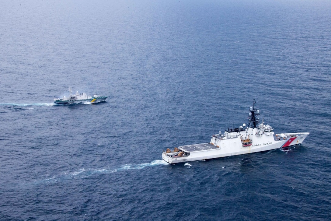 210508-G-G0108-1190 BLACK SEA (May 8, 2021) U.S. Coast Guard Cutter Hamilton (WMSL 753) and a Ukrainian coast guard vessel conduct underway maneuvers in the Black Sea, May 8, 2021. Hamilton is on a routine deployment in the U.S. Sixth Fleet area of operations in support of U.S. national interests and security in Europe and Africa. (U.S. Coast Guard courtesy photo)