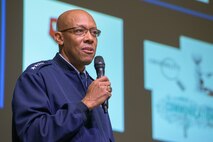 Maxwell AFB,  Ala. - Air Force Chief of Staff Gen. CQ Brown, Jr., addresses attendees of the Air Force Reserve Officer Training Corps Commanders Symposium, Nov. 3, 2021. (U.S. Air Force photo by Trey Ward/Released)